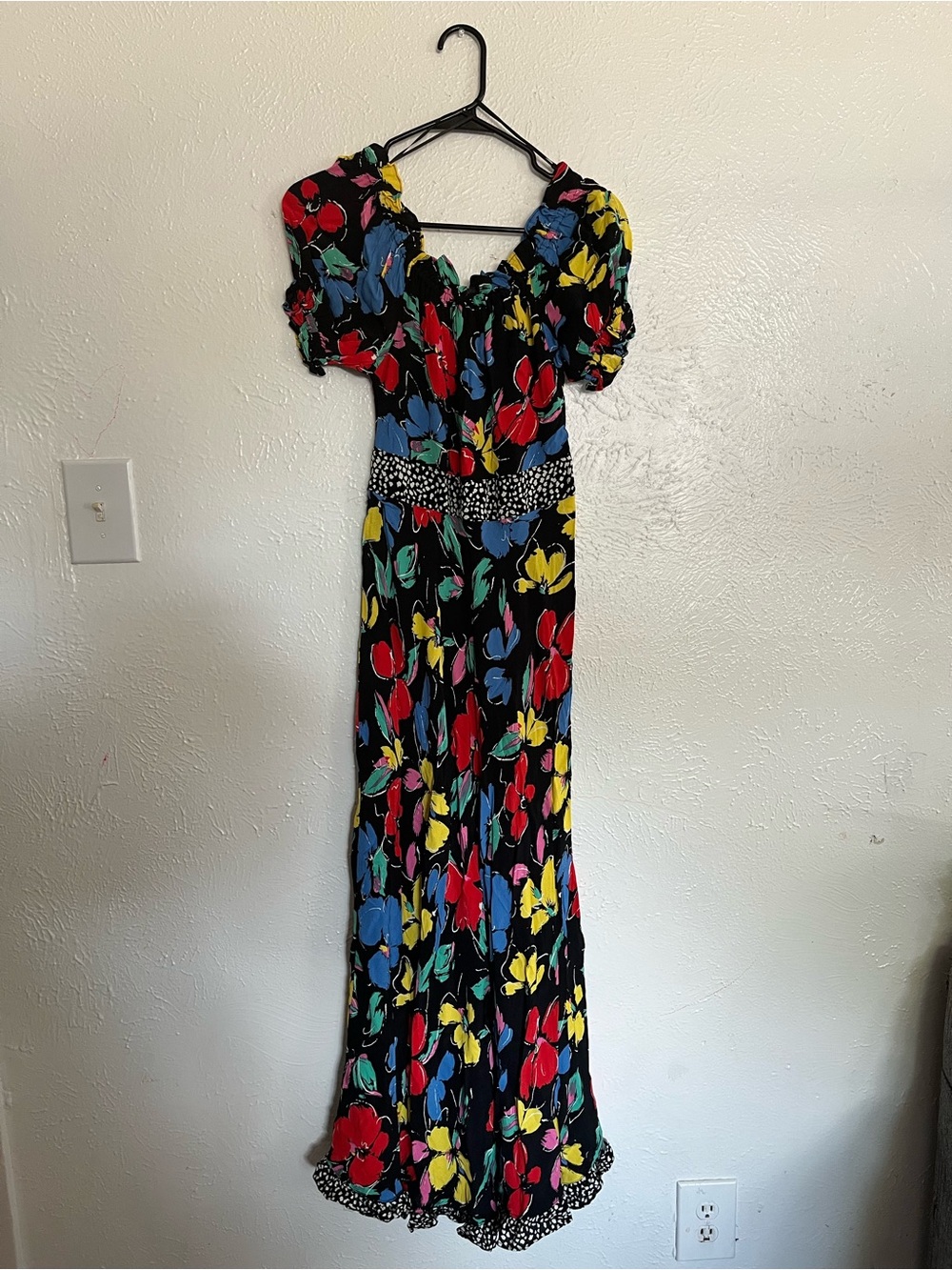 RIXO Black Maxi Dress with Red, Blue, Yellow, Green, Pink Floral Print